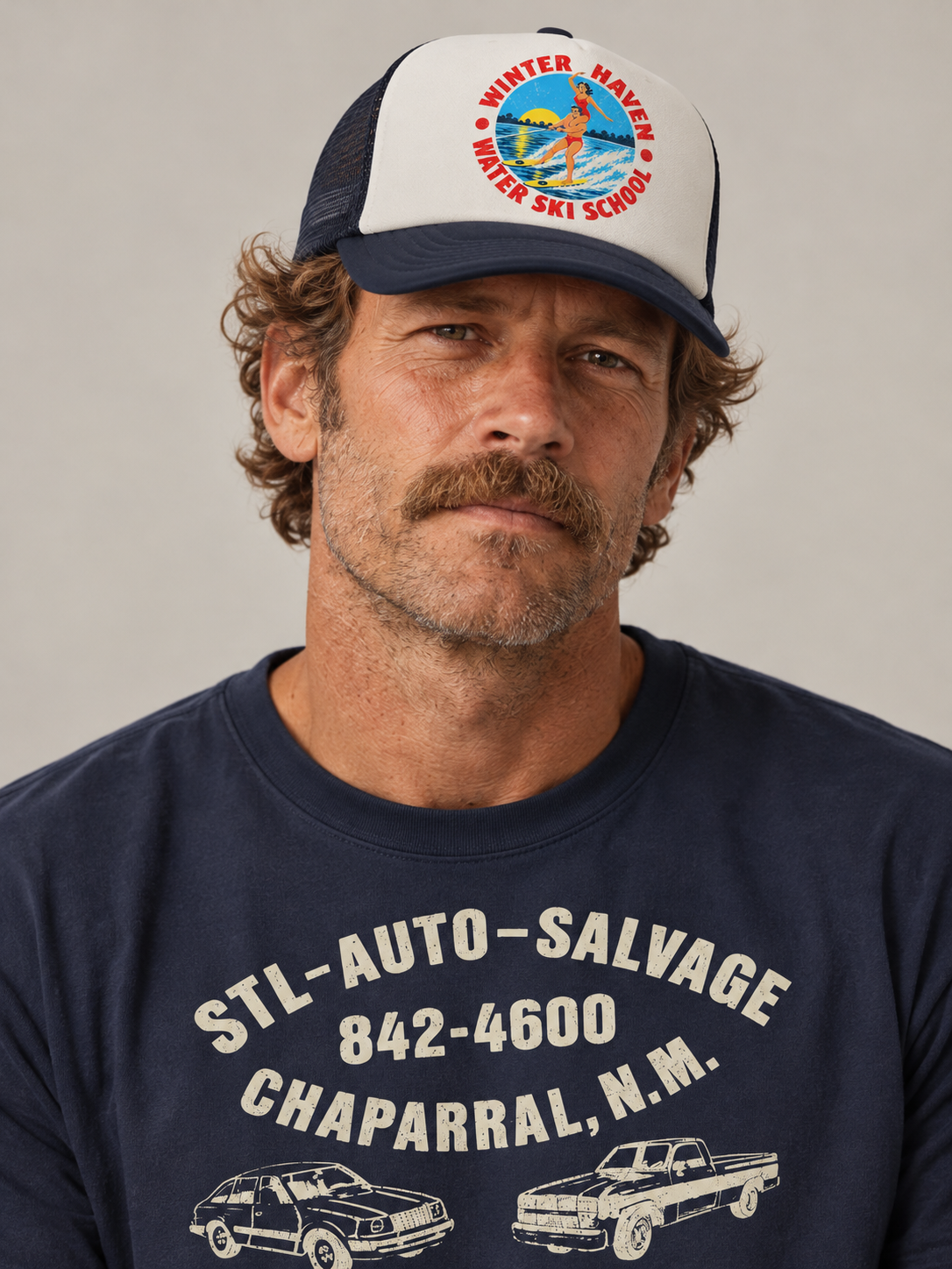 Winter Haven Ski School trucker hat, lifestyle portrait