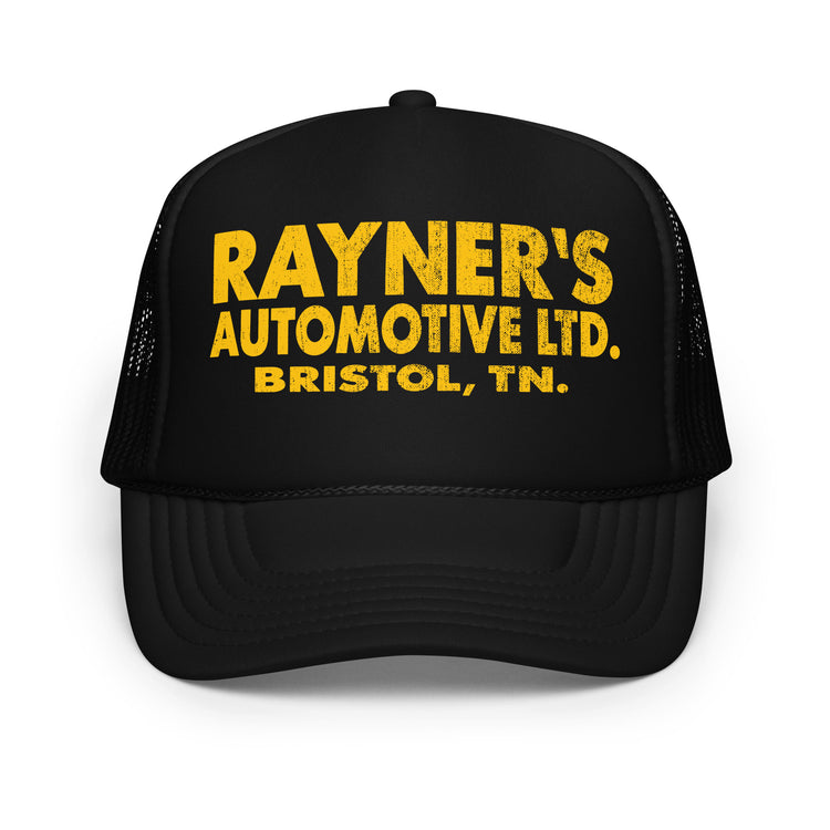 Rayner's Auto foam trucker hat, Black, front view