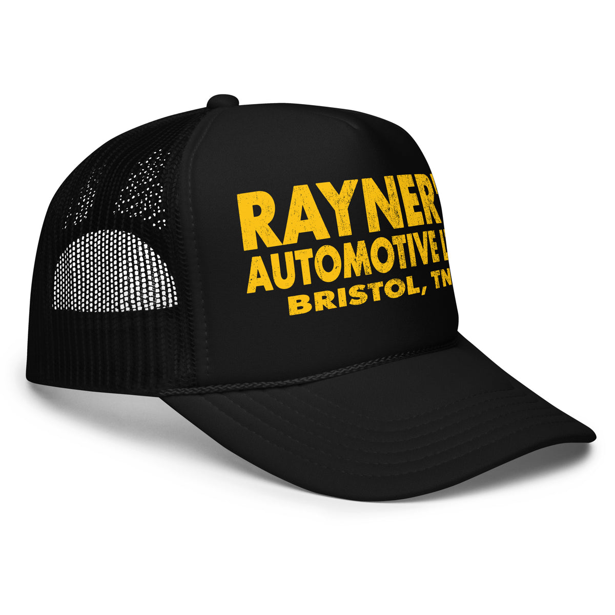 Rayner's Auto foam trucker hat, Black, angled front view