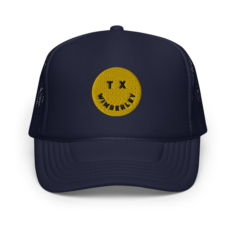 Wimberley Smile Foam trucker hat, Navy/Yellow, front view