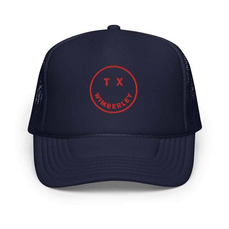 Wimberley Smile Foam trucker hat, Navy/Red, front view