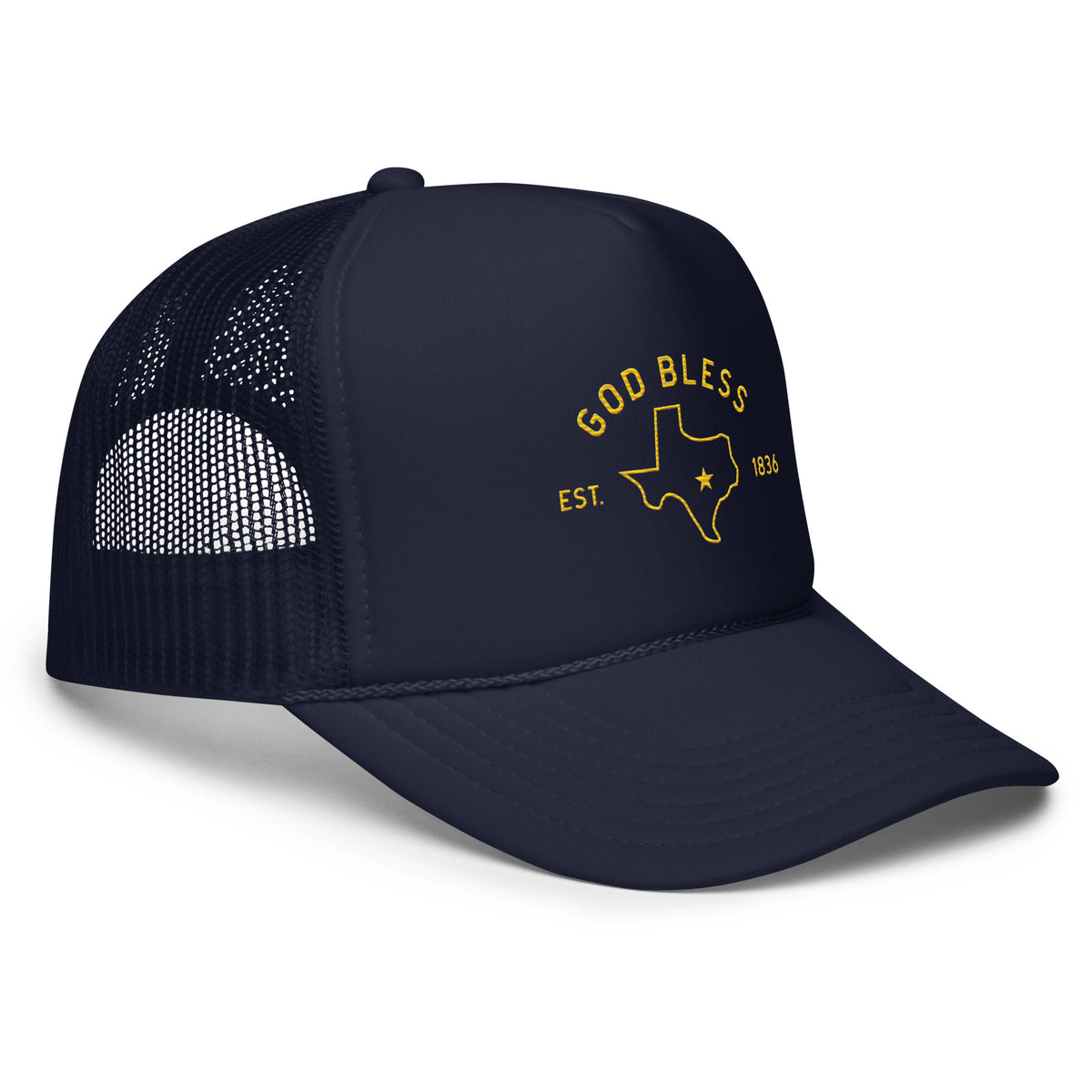 God Bless Texas, Foam trucker hat, angled view