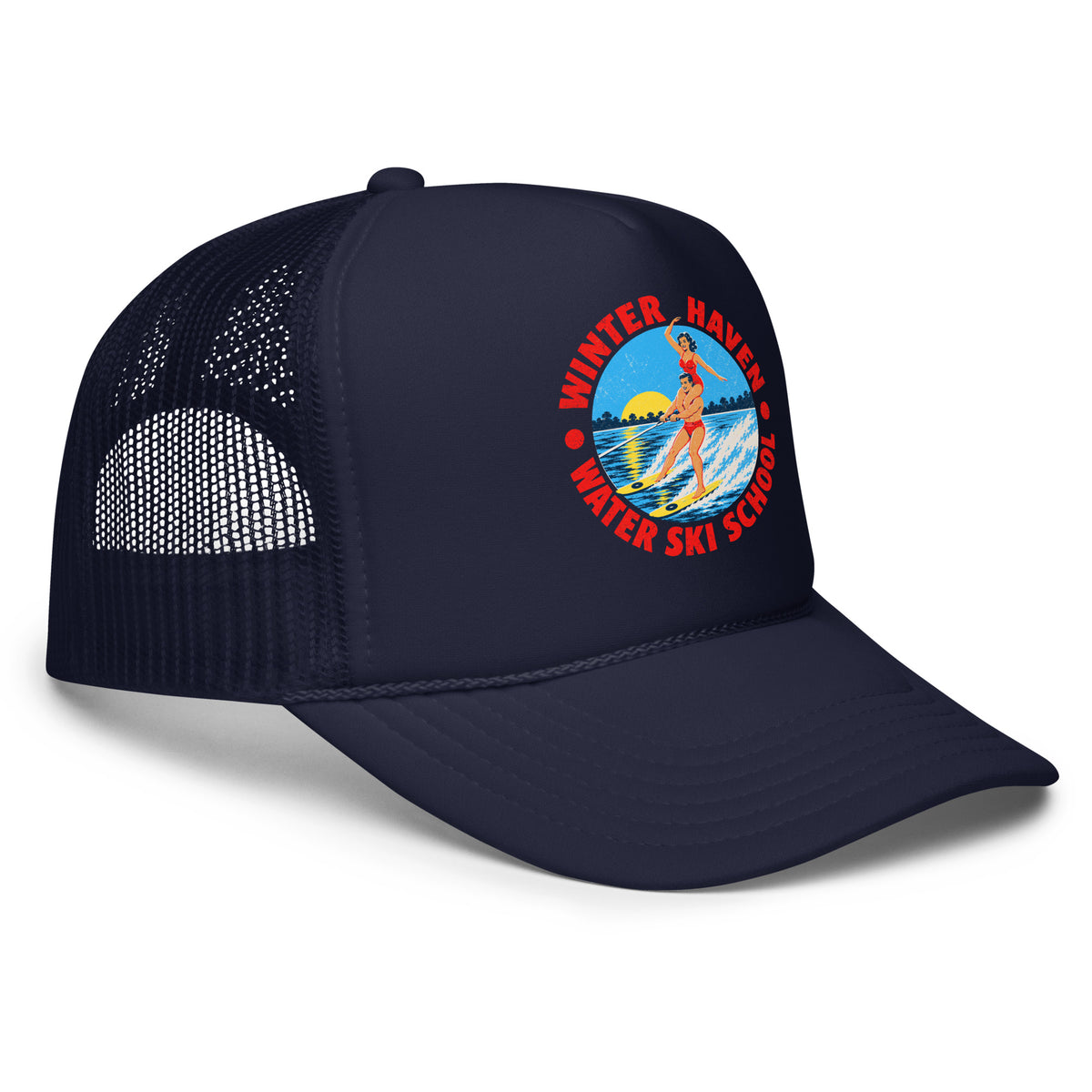 Winter Haven Ski School trucker hat, angled front view