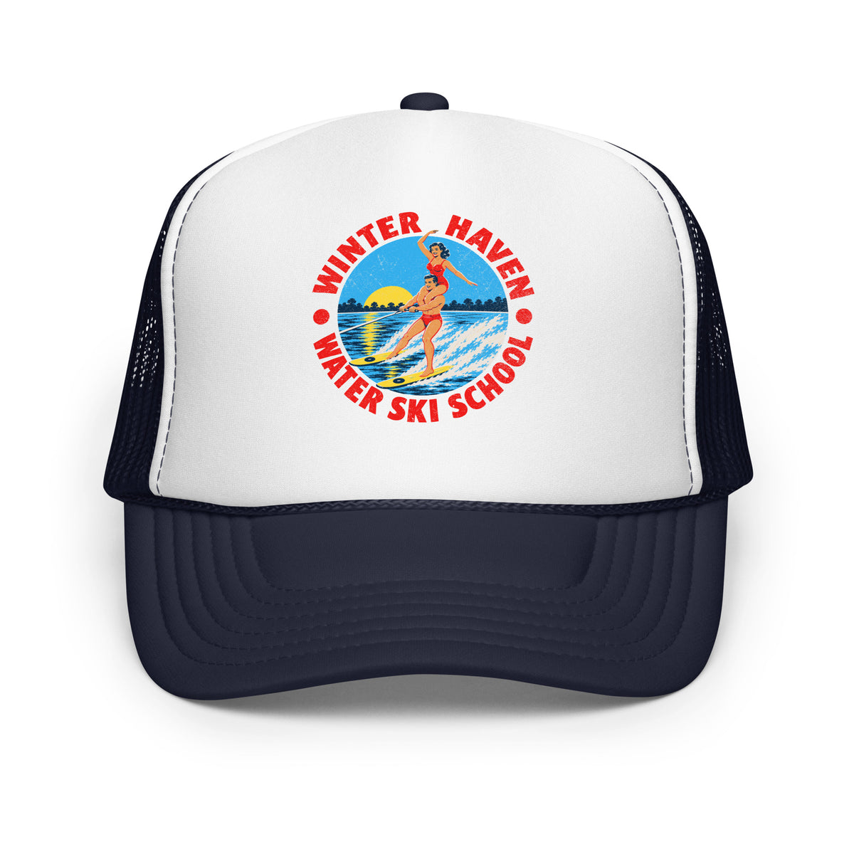 Winter Haven Ski School trucker hat, Navy White Navy front view