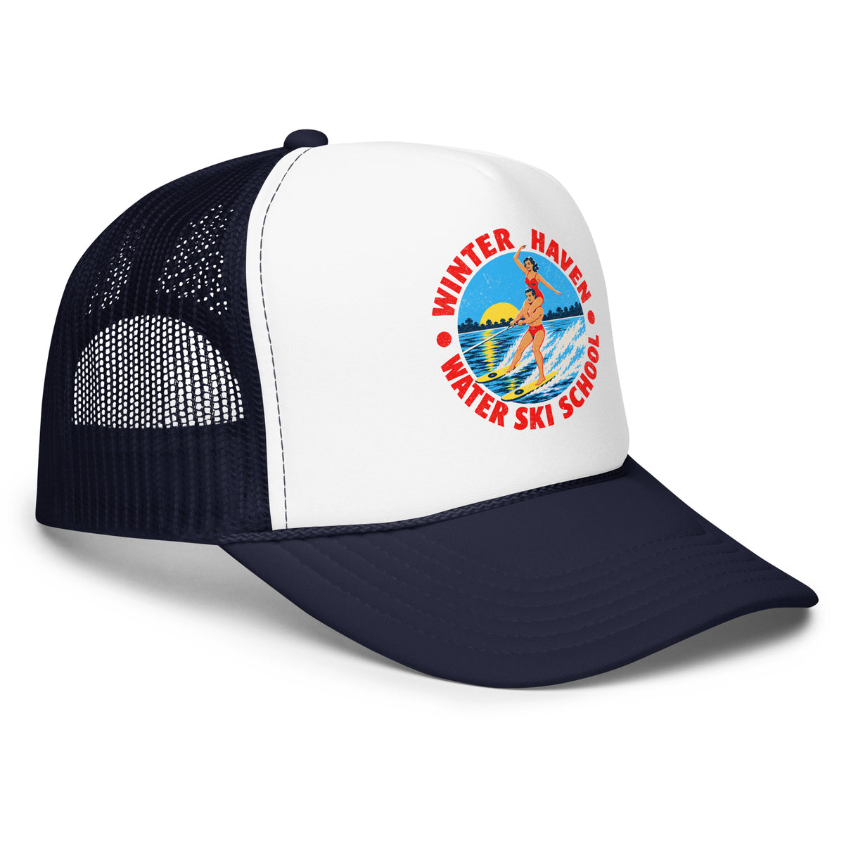 Winter Haven Ski School trucker hat, angled front view