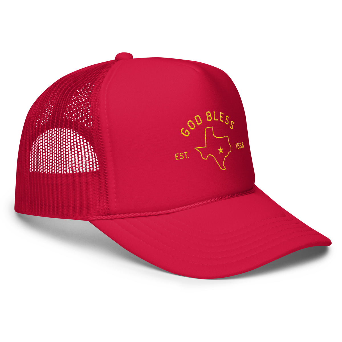 God Bless Texas, Foam trucker hat, angled view